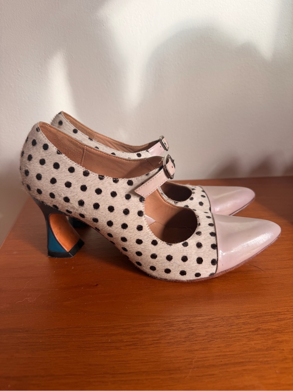 John Fluevog Malala “Pony Dots and Teal” Mary Jane heels.